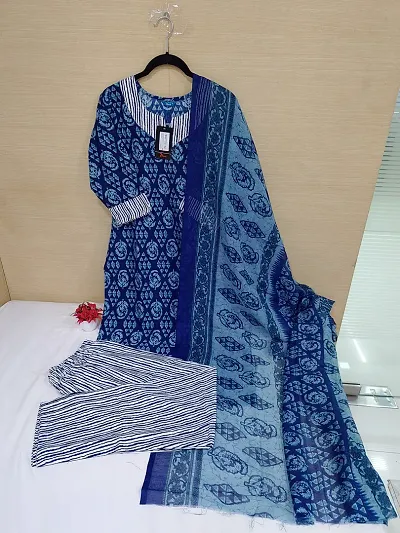 Stylish Cotton Printed Kurta Bottom Dupatta Set