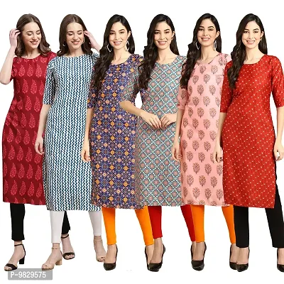 Women Crepe Digital Printed Straight Kurti  Pack of 6-thumb0