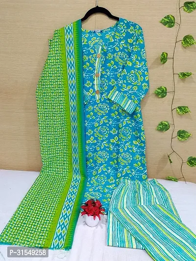 Fancy Cotton Blend Kurta Bottom And Dupatta Set For Women-thumb0