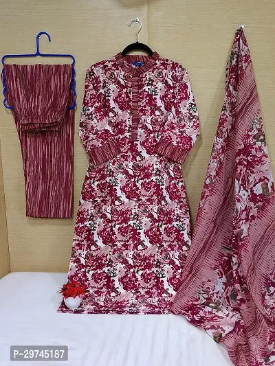 Stylish Maroon Cotton Printed Kurta Bottom and Dupatta Set For Women