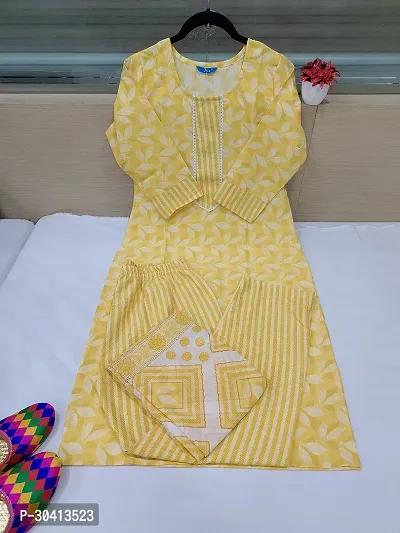 Pretty Yellow Printed Cotton Straight Kurta Pant With Dupatta For Women