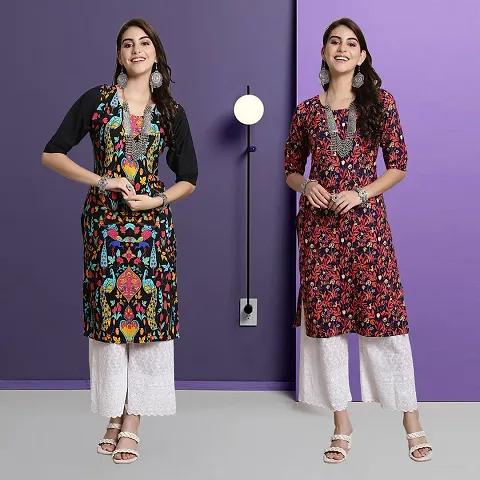 Stylish Multicoloured A-Line Crepe Printed Kurta - Pack Of 2