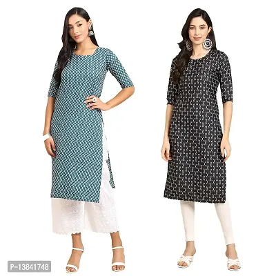 Stylish Straight Multicoloured Printed Crepe Kurta For Women Combo Pack Of 2