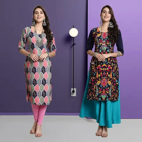 Stylish Crepe A-Line Printed Kurti - Pack of 2