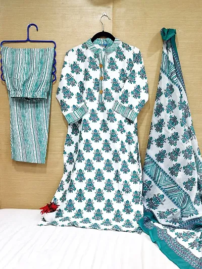 Stylish Cotton  A-Line Printed Kurta With Bottom And Dupatta Set