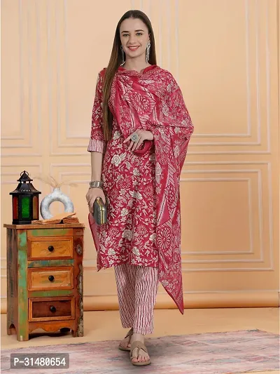 Stylish Pink Cotton Blend Printed Kurta, Bottom and Dupatta Set For Women-thumb4