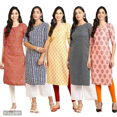 Attractive Straight Multicoloured Printed Crepe Kurta Combo For Women Pack Of 5