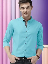 Men Stylish Blue Cotton Solid Long Sleeve Semi Formal Shirt-thumb1