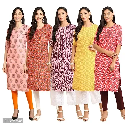 Attractive Straight Multicoloured Printed Crepe Kurta Combo For Women Pack Of 5