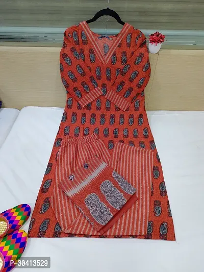 Pretty Red Printed Cotton Straight Kurta Pant With Dupatta For Women-thumb0