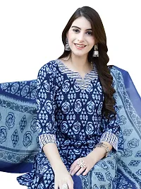 Stylish Cotton A-Line Navy Blue Printed Kurta, Bottom and Dupatta Set For Women-thumb2