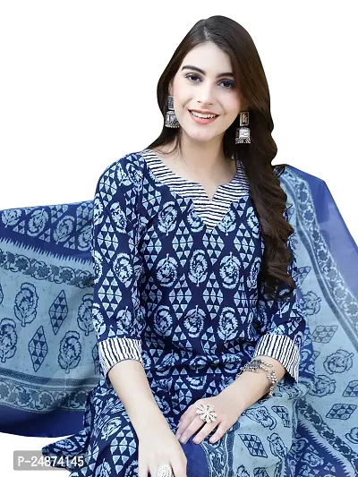 Stylish Cotton A-Line Navy Blue Printed Kurta, Bottom and Dupatta Set For Women-thumb3