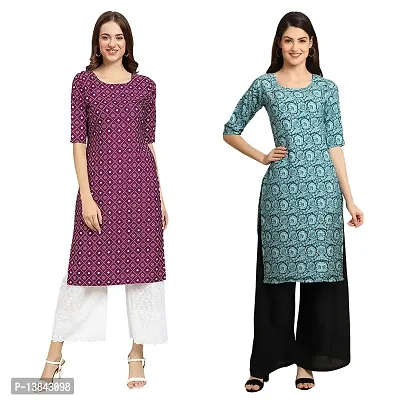 Stylish Straight Multicoloured Printed Crepe Kurta For Women Combo Pack Of 2-thumb0