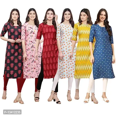 Women Crepe Digital Printed Straight Kurti Pack of 6-thumb0