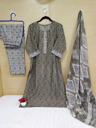 Stylish Cotton  A-Line Printed Kurta With Bottom And Dupatta Set