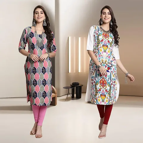 Fancy Crepe Multicoloured Straight Kurti - Pack Of 2