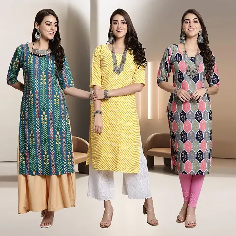 Fancy Crepe Multicoloured Crepe Kurtis - Pack Of 3