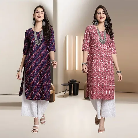 Fancy Crepe Multicoloured Straight Kurti - Pack Of 2