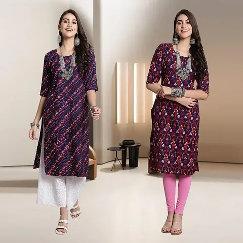 Fancy Crepe Multicoloured Straight Kurti - Pack Of 2