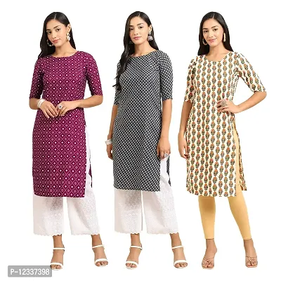 Elite Crepe Printed Straight Stitched Kurta For Women- Pack Of 3-thumb0