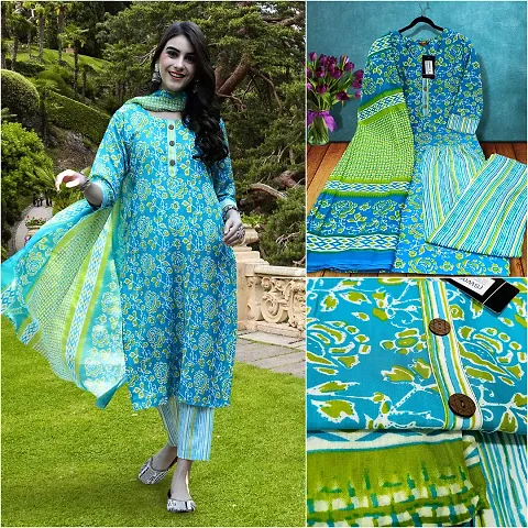 Stylish Cotton Printed Kurta Bottom Dupatta Set