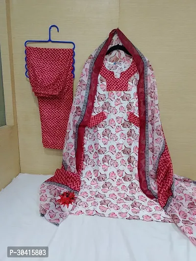 Beautiful Cotton Red Printed Kurta Pant And Dupatta Set For Women