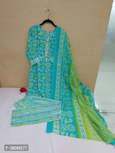 Elegant Cotton Printed Kurta with Pant And Dupatta Set For Women-thumb0