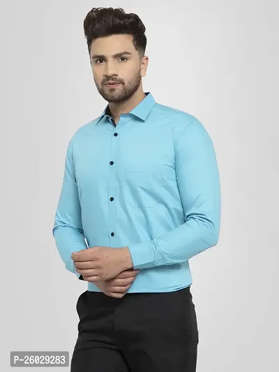 Men Stylish Blue Cotton Solid Long Sleeve Semi Formal Shirt-thumb2