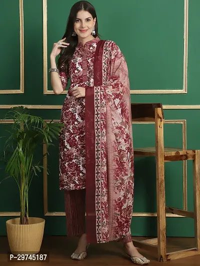 Stylish Maroon Cotton Printed Kurta Bottom and Dupatta Set For Women-thumb2