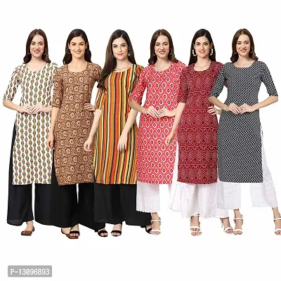 Women Crepe Digital Printed Straight Kurti  Pack of 6