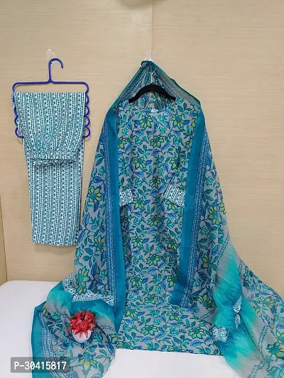 Beautiful Cotton Blue Printed Kurta Pant And Dupatta Set For Women