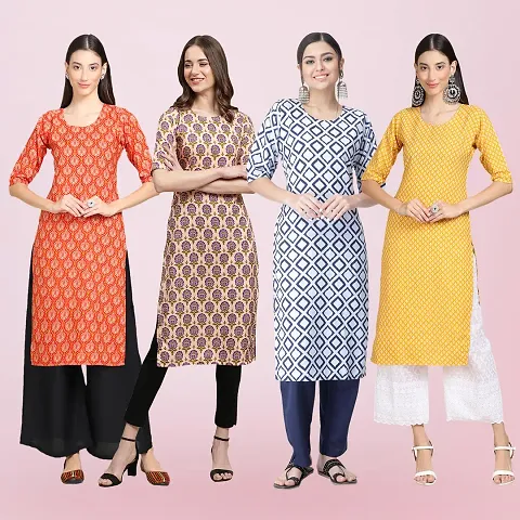 Women Stylish Crepe Printed Straight Kurta Combo Of 4