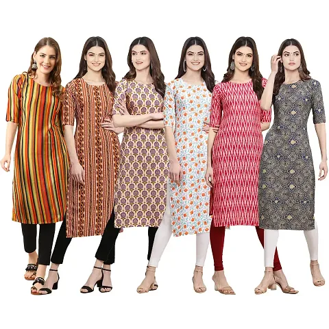 Stylish Crepe Straight Printed Kurta - Pack Of 6