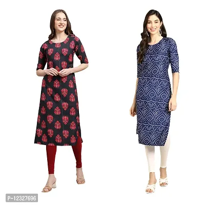 Straight Multicoloured Printed Crepe Kurta Pack Of 2