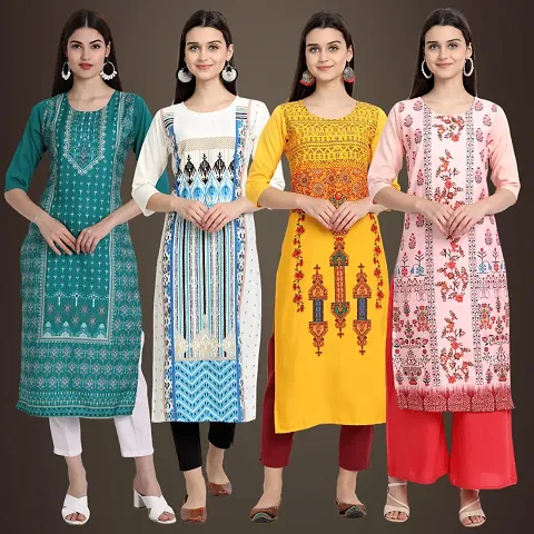 Elegant Crepe Printed Straight 3/4 Sleeves Kurta Pack Of 4