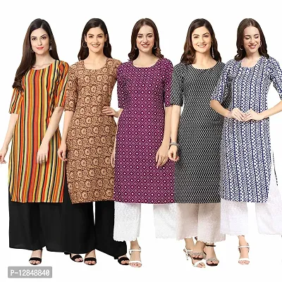 Straight Multicoloured Printed Crepe Kurta Pack Of 5-thumb0