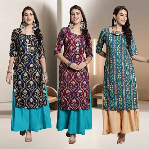 Fancy Multicoloured Crepe A-Line Kurti - Pack Of 3