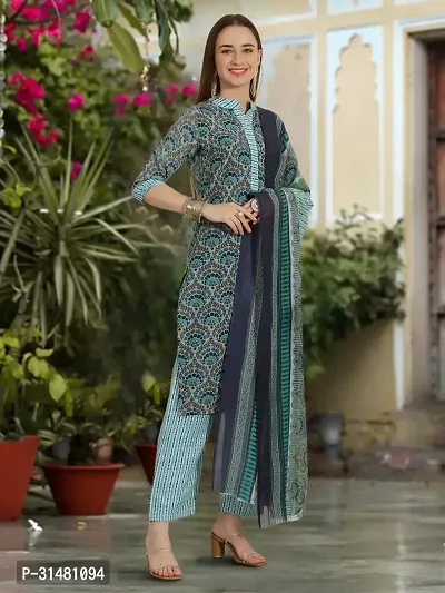 Stylish Cotton Blend Printed Kurta With Pant And Dupatta Set For Women-thumb5