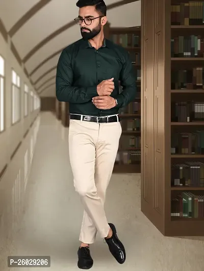 Men Stylish Green Cotton Solid Long Sleeve Semi Formal Shirt