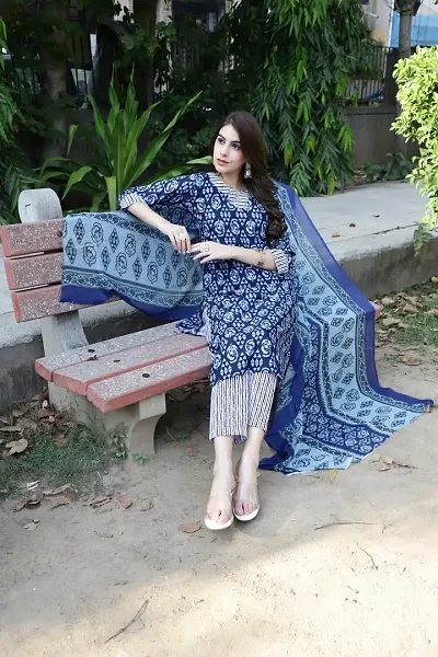 Stylish Cotton Printed Kurta With Bottom And Dupatta Sets