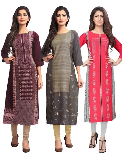 Women's Digital Print Crepe Straight Kurta (Pack Of 3)