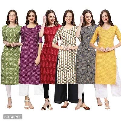 Women Crepe Digital Printed Straight Kurti Pack of 6