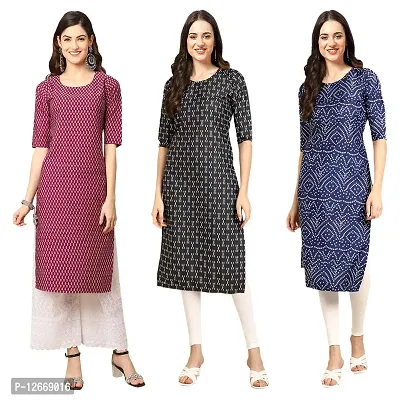 Women Crepe Digital Printed Straight Kurti  Pack of 3