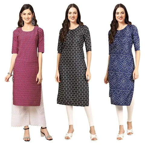 Women Crepe Digital Straight Kurti Pack of 3