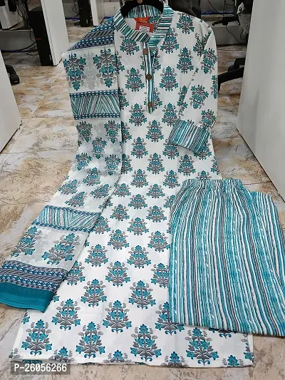 Elegant Cotton Floral Print Kurta with Pant And Dupatta Set For Women