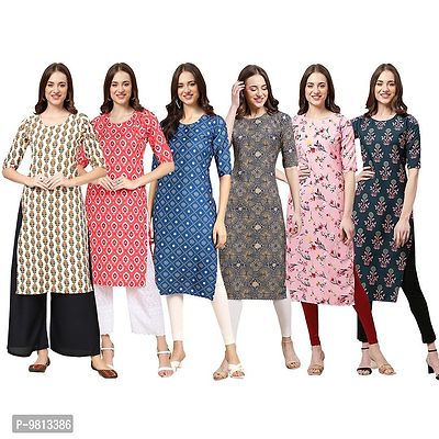 Women Crepe Digital Printed Straight Kurti  Pack of 6-thumb0