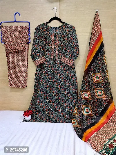 Stylish Multicoloured Cotton Printed Kurta Bottom and Dupatta Set For Women