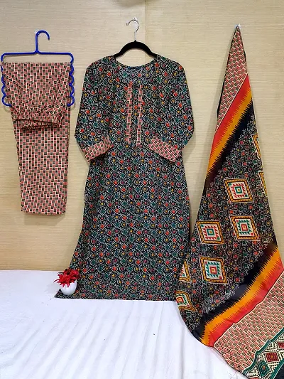 Stylish Cotton  A-Line Printed Kurta With Bottom And Dupatta Set