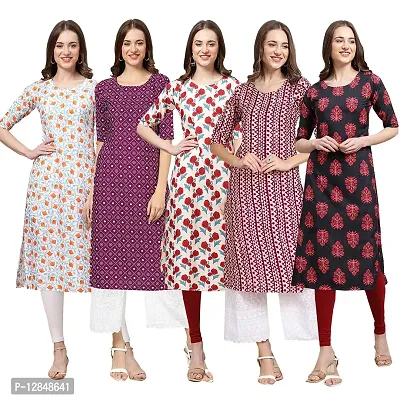 Straight Multicoloured Printed Crepe Kurta Pack Of 5-thumb0