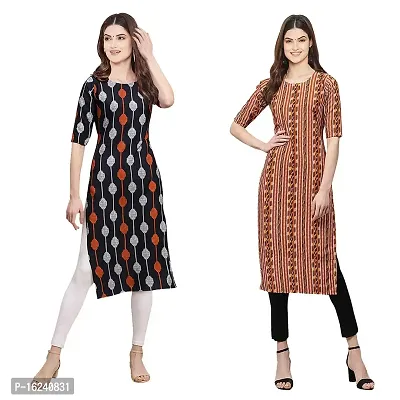 Stylish Straight Multicoloured Printed Crepe Kurta For Women Combo Pack Of 2